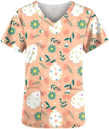 Camisetas de esfoliação da Páscoa feminina com bolsos ovos de bunny ovos gráficos de trabalho uniforme camisetas top s Sexy V Neck Pullover camisetas