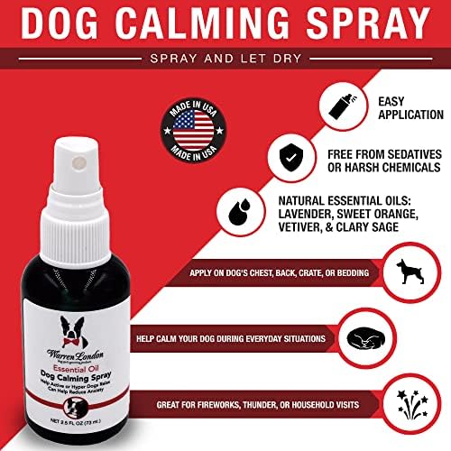 O óleo essencial de Warren London Premium todo spray calmante de cães naturais, relaxa e fornece alívio anti-ansiedade para cães hiper-ativos | Fabricado nos EUA