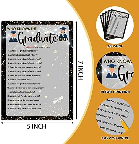 Jogos de festa de graduação - quem conhece as melhores cartas de graduação - Decorações de festa de formatura 2022 - Gold & Black Grad Celebration Party Supplies for High School/College - 30 cartões de jogo