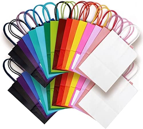 Sacos de presente de papel de 100 pacotes com alças a granel 8,26 × 6 × 3,15 tamanho pequeno 16 sacos coloridos diferentes