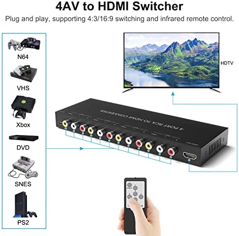 Dacimora 4 AVTO HDMI Switch RCA RCA para HDMI VÍDEO DE ÁUDIO DE AUDIO PARA HDMI SUPORTE 720P/1080P PARA WII N64 PS1 PS2 PS3 VHS VCR DVD DVD