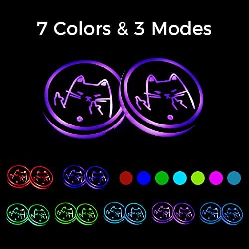 2 PCs LEDS LED CULHER LUZES, Coastas de porta de xícara de LED fofas para carro, 7 Cores USB Charging Cup Pad para Acessórios de montanha -russa Luz ambiente, gato