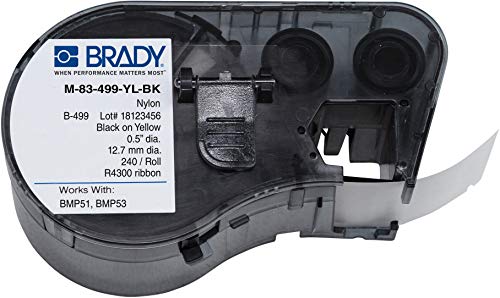 Brady M-83-499-IL-BK Pano de nylon B-499 Black On Yellow Label Cartucking, 1/2 de diâmetro, para impressoras BMP51/BMP53