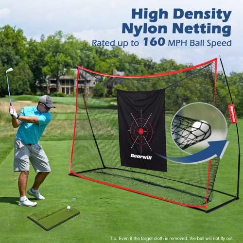 Rede de golfe de Bearwill, rede de prática de golfe pesada de 10x7 pés com tapete de golfe, pano -alvo, 8 camisetas de golfe,
