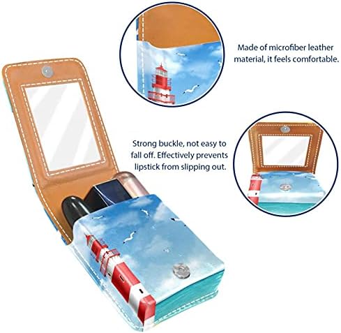 Caixa de batom com espelho Lighthouse Beach Seagulls Lip Lip Gloss Holder Portable Lipstick Storage Box Travel Bolsa de maquiagem