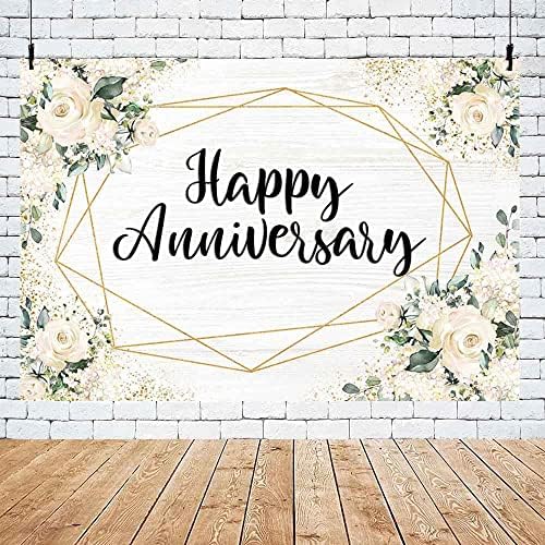 Aibiin7x5ft Branco Floral Anniversary Caso -pano de fundo White Wood Photography Background Cheer to Wedding Anniversary Birthday Party Party Decoration Cake Smash Flowers Photo Props Studio Banner