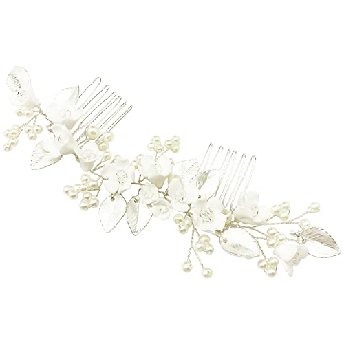 Bela e beleza de cabeças de noiva de flores brancas perelas de cabelos florais de folha de prata com acessórios de pente