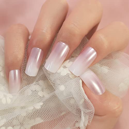 Prenda de gradiente branca rosa pérola presa em unhas brilhantes quadrado quadrado francês Falseghs women garotas garotas