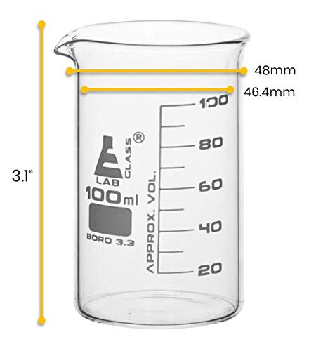 Beaker, 100ml - Forma alta com bico - White, 10ml Graduação - Borossilicate 3.3 Glass - Eisco Labs