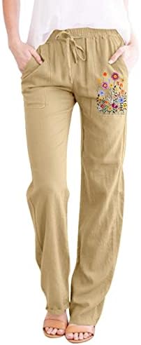 Calças de linho femininas mtsdjskf, cintura elástica lisa calça de linho de cordão macia de perna larga com bolsos calças folgadas mulheres