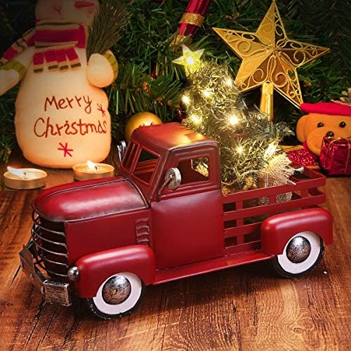 Decoração de Natal de Caminhão de Metal Vermelho com Ornamento de Árvore de Natal Removível LED, Caminhão Vintage Farthouse