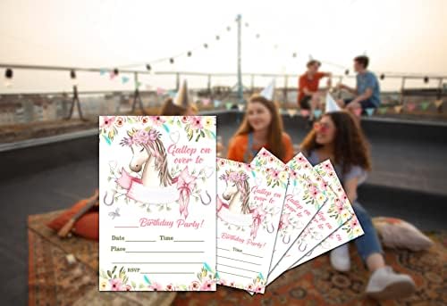 Cartões de convite para festas de aniversário para adolescentes, festa de cavalo floral de cavalo, convite de festa para meninos meninas, celebração de festa para crianças, personalizadas 20 cartas com 20 envelopes - A011