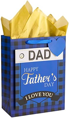 Bolsa de presente do dia do dia do dia de Lezakaa, bolsa de presente xadrez azul com papel de seda, etiqueta de presente e cartão - Feliz Dia dos Pais do Pais Design