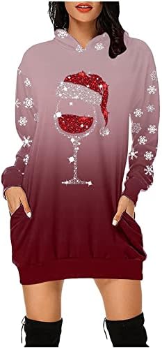 Vestidos de moletom para mulheres Mini vestido de joelho 2022 Impressão de Natal de manga longa com capuz casual solto Mini Sundress
