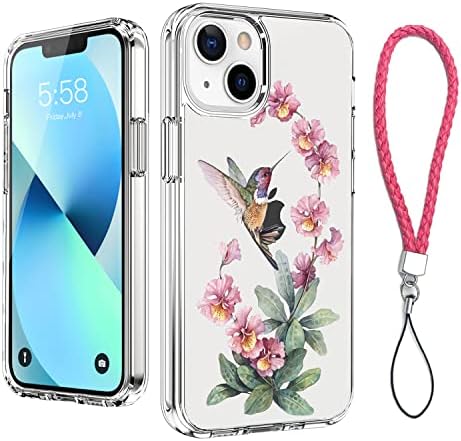 Liqianggg Clear Phone Case para iPhone 13 com cordão de pulseira de pulso [2-in-1] ， Clear requintado Hummingbird Flower Pattern Design, Caso transparente de proteção contra queda resistente a choques claros para iPhone 13