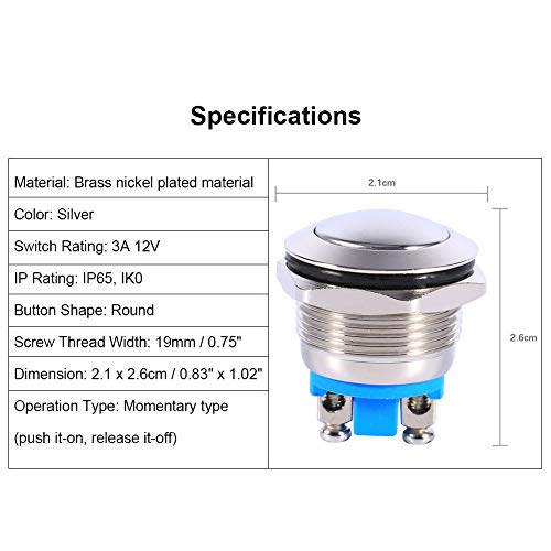 Interruptor de botão de plugue momentâneo de 19 mm, 12V 3A Propertável carro automotivo do alto -falante de push -push