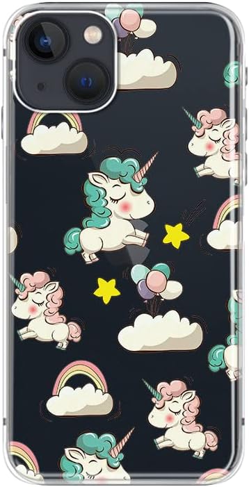 Caso do iPhone 14 de Blingy, garotas Girls Rainbow Unicorn Pattern fofo desenho animado design de animais transparente