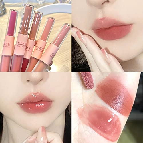 Domalidade 6 Cores 2 em 1 Conjunto de brilho labial de extremidade dupla, 6pcs Veludo fosco e batom líquido de acabamento espelhado, esmalte luminoso à prova d'água duradouro, kit de presente de maquiagem de lábios hidratantes e hidratantes