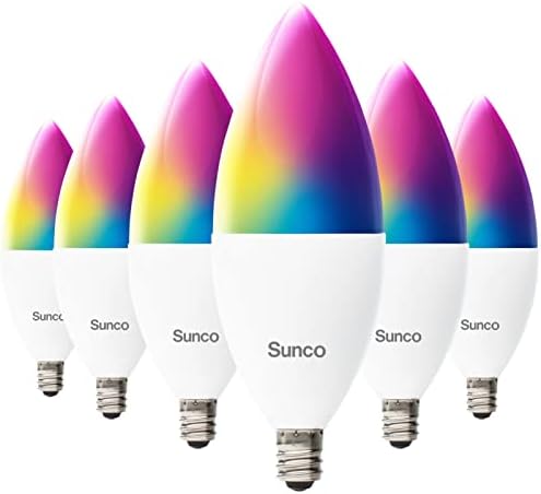 SUNCO WiFi liderou a lâmpada inteligente, B11 Candelabra, 4,5W, E12 Base, Mudança de cores, Dimmable, Compatível com Alexa e Google Assistant - Nenhum hub necessário 6 pacote