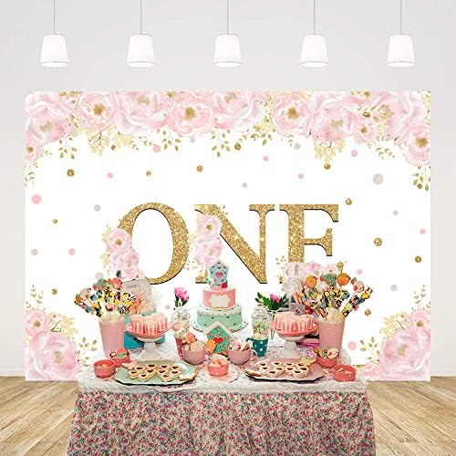 Ticuenicoa 9x6ft feliz 1º aniversário menina de ouro rosa Primeiro aniversário de fundo flores aquarela Flores glitter 1st Birthday Party Decoration meninas de um ano de fotos de um ano de foto adereços…