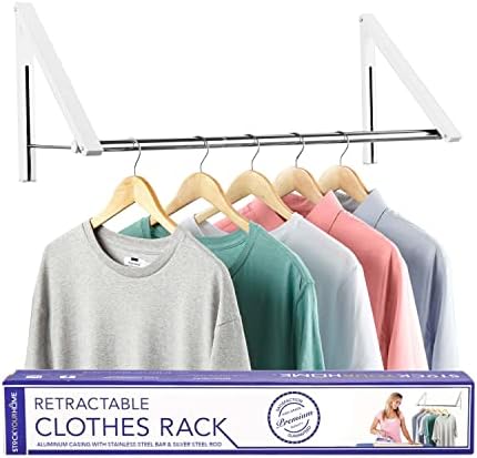 Rack de roupas dobráveis ​​duplas com haste de extensão, cabide de roupas retráteis montadas na parede para sala de secador