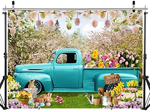 SJOLOON Spring Caso -pano de Páscoa Ovos coloridos Rabbit Blue Truck Flores cenário para a bandeira de decoração de festa da Páscoa