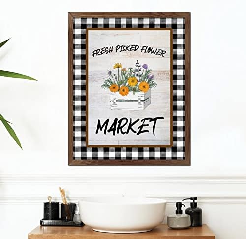 Fresh Picked Flower Market Sinais de madeira emoldurada Buffalo xadrez da margarida de primavera de boas -vindas Signo