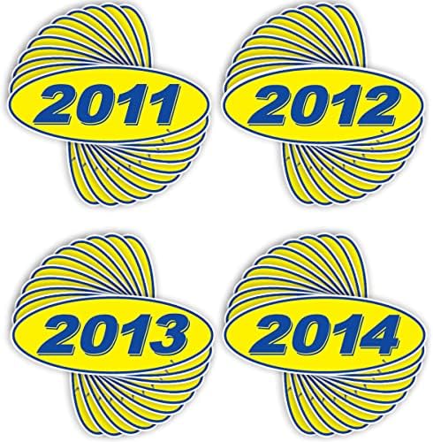Versa Tags 2011 2012 2013 e 2014 Oval modelo Ano de automóvel Adesivos de janela de carros com orgulho feitos nos EUA Versa oval modelo de pára -brisa Ano é amarelo e azul em cores vêm doze por ano