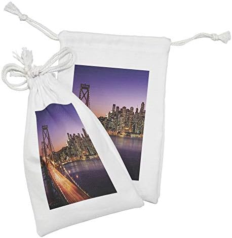 Conjunto de bolsas de tecido da paisagem urbana de Ambesonne de 2, City AT Night Bridge on River Skyscrapers Cities USA temas