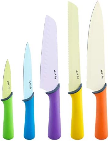 Facas de facas felizes para cozinha - facas de chef de aço inoxidável com bainhas | Lâminas coloridas nítidas com alças não deslizantes
