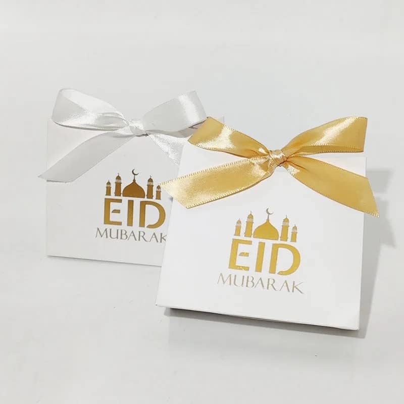 Sacos de presente premium eid Mubarak | Bolsas brancas com impressão de design de papel alumínio dourado - fitas incluídas