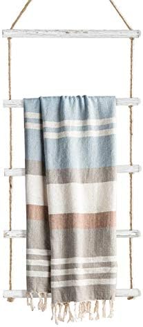 Rack de toalha para banheiro- parede de 3,3 pés pendurada em madeira caiada e cobertor de corda com 5 degraus para decoração da sala