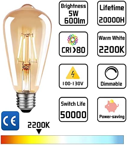 Bulbos de bulbos LED de LED de LED de geminilita LED de 60 watts, lâmpadas de lâmpadas diminuídas e diminuídas de lâmpadas brancas de 2200k de 2200k, filamento ST21 Decoração vintage lâmpadas LED, lâmpadas, 6 pacote