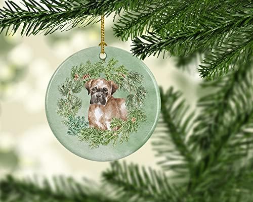 Tesouros de Caroline CK8883CO1 Boxer Puppy Fawn Christmas Wreath Cerâmica Ornamento, decorações de árvores de Natal, ornamento