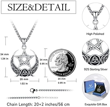 Loove Pentagram Colar Sterling Silver Triple Moon Goddess/Celtic Knot Witches Knot/Pentáculo/Sol e Lua/Hecate/Tetragrammaton