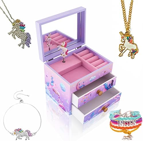 Agitação Kids Unicorn/Castle/Princess Wooden Jewelry Box for Girls With Matching Jewelry Set