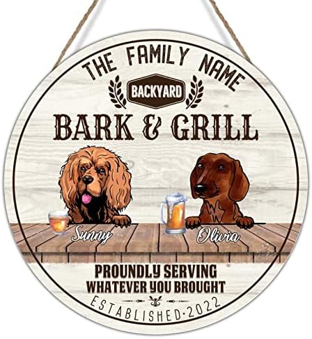 American Bulldog & Dachshund Sinais rústicos personalizados Bark & ​​Grill Nome da família personalizada Placa de parede de madeira