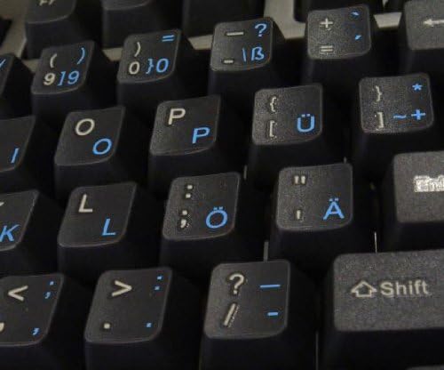 Adesivos de teclado alemão com letras azuis em fundo transparente