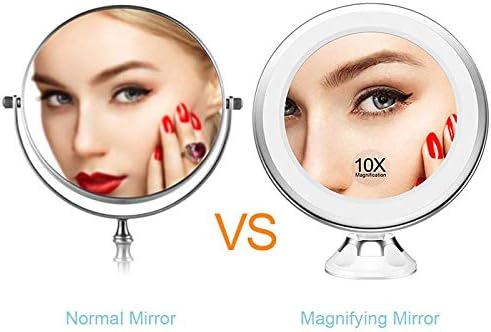 Espelho de maquiagem de ampliação de 10x com luzes, espelho de maquiagem de vaidade iluminada ， interruptor inteligente, rotação