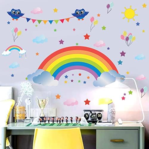 Decalques de parede de arco -íris de tamanho grande removível com corujas Banner estrelas balões nuvens adesivos de parede