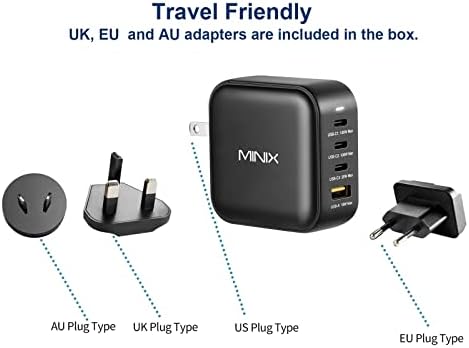 Minix Neo P3 100W Charger de parede GaN de 4 portas, 3 x Adaptador de carregamento rápido USB-C, 1 USB-A. Com plugue US/Au/EU/Reino Unido, compatível com MacBook Pro Air, iPhone Galaxy S9 e muito mais.