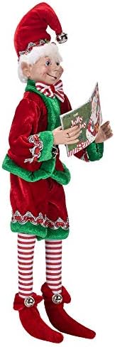 RAZ Importa Elf de Natal Posable, Roupa de Velvet de 16 Alto e Verde com Livro do Papai Noel, Coleção de férias de jogos