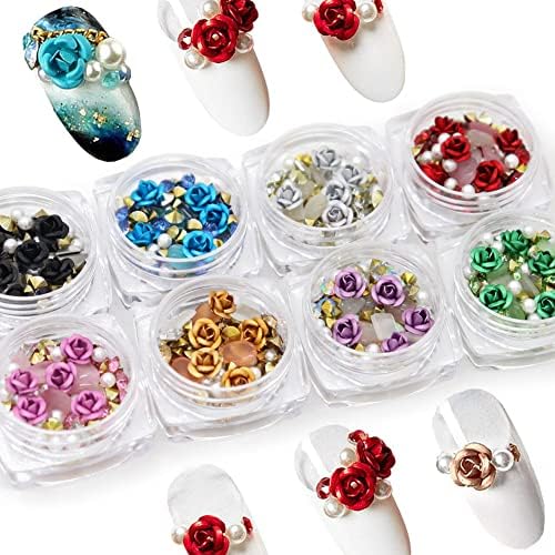 8 caixas unhas art 3d rosa stromstones, gemas mixadas gemas metal encantos de pérolas para acrílico Dicas de unhas Design Falso