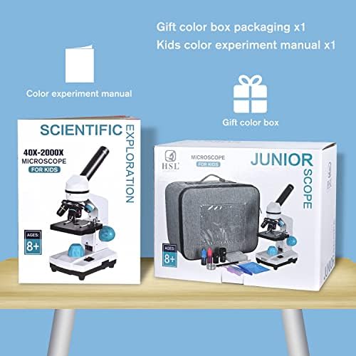 Microscópio HSL para crianças, microscópios monoculares 40x-2000x para adultos estudantes iniciantes com conjunto de rapazes, adaptador de telefone LED duplo