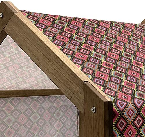 Tribal Lunarable Wooden Pet House, padrão de linha de diamante nativo com detalhes coloridos da Chevron, canil portátil