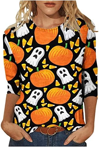 Camisa de pescoço da tripulação Mulheres 3/4 Manga Pumpkin Bat Ghost Loose Fit Facation Halloween Lounge Blouse Tshirts Girls Teen