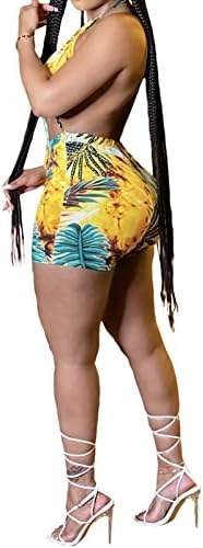 Mulheres elegantes damas amarre tintina halter pescoço halter folha estampa suspensórios shorts shorts macacão feminino macacão