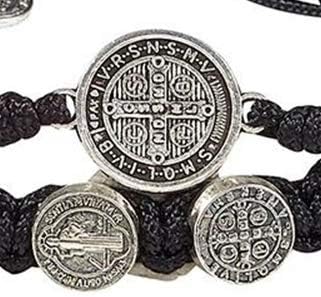 Saint Benedict Medal Bracelet Black Double Strand Macrame, 8 polegadas