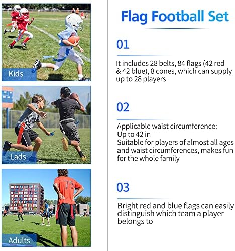 Conjunto de futebol de bandeira de 2 pacote, inclui 28 cintos, 84 bandeiras e 8 cones, 14 jogadores de bandeira de futebol e bandeiras, cena fácil de lágrimas para crianças ou jogadores de adultos