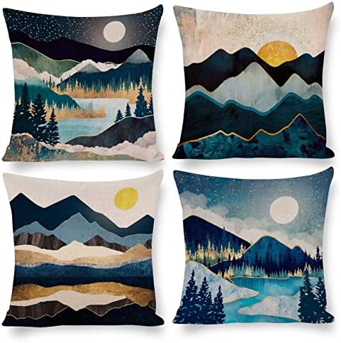 Conjunto BBKD de 4 Mountain Outdoor Decorativo Capas de travesseiro de 18x18 polegadas, almofada quadrada de linho de outono aquarela ， para sofá e cama da sala de estar （montanha, 18x18）